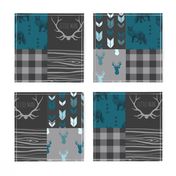 Wholecloth Quilt - Fox and Deer in teal, gray, and black with plaid and arrows