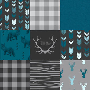 Wholecloth Quilt - Fox and Deer in teal, gray, and black with plaid and arrows