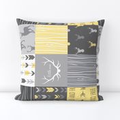 Patchwork Deer in yellow and greys - Rotated - Cheater Quilt - Woodland Baby - Gender Neutral