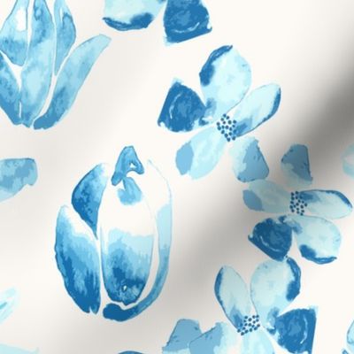 Blue Watercolor Floral Botanical White Creaml_Miss Chiff Designs