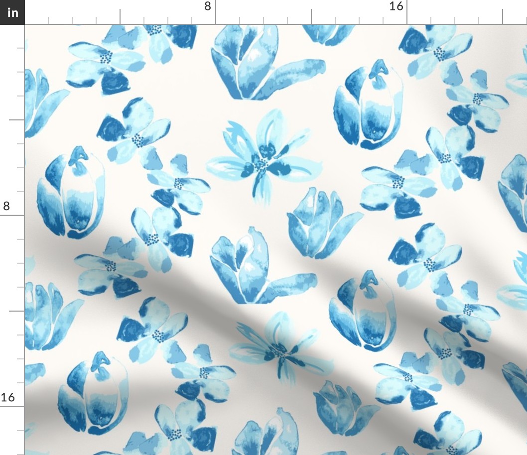 Blue Watercolor Floral Botanical White Creaml_Miss Chiff Designs
