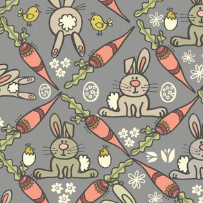 Easter Bunnies & Carrots - Grey