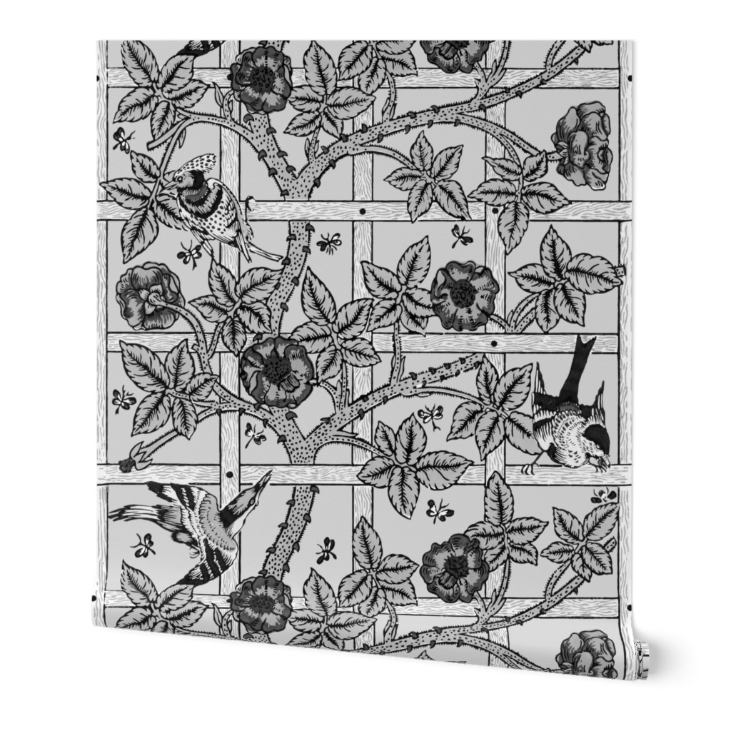The William Morris Collection ~ Birds On A Trellis ~ Black and White on Silver Leaf