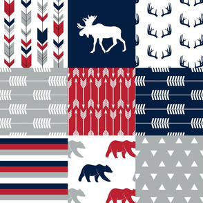 Woodland Patchwork Blanket Moose and Bear  || navy, red,happy camper red 