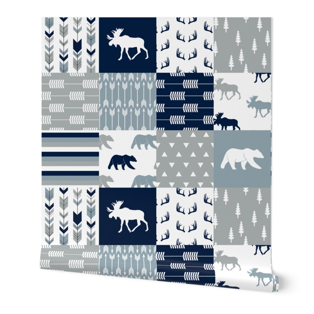 Woodland Wholecloth (moose and bear) 90 || navy, rustic woods blue, grey