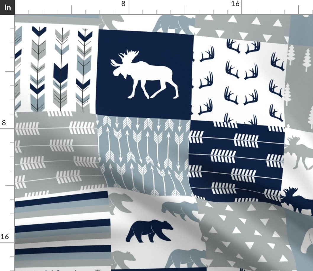 Woodland Wholecloth (moose and bear) 90 || navy, rustic woods blue, grey