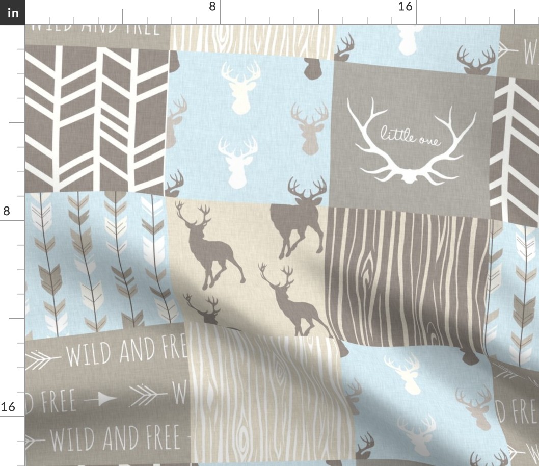 Patchwork Deer - tan, blue, grey- Little One Woodland Wholecloth Quilt - Deer, Arrows, Antlers