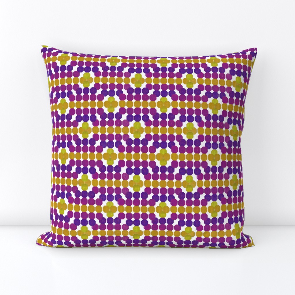 Mid Century Modern Honeycomb Geometric Pattern in Violet and yellow on white