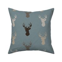 Deer - Brown/Tan on dusty blue with linen Texture - woodland Nursery - Bucks