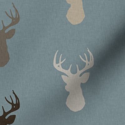 Deer - Brown/Tan on dusty blue with linen Texture - woodland Nursery - Bucks
