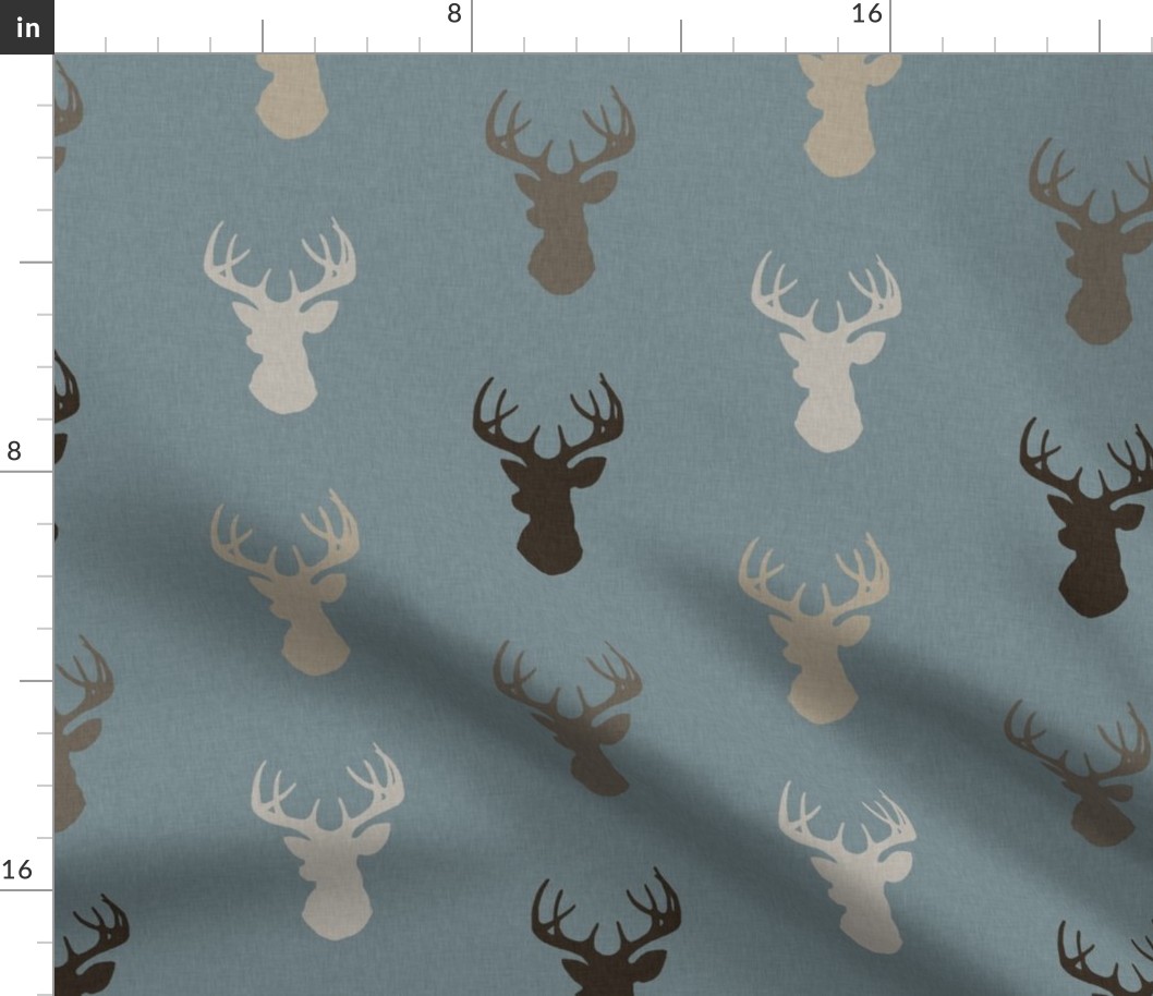 Deer - Brown/Tan on dusty blue with linen Texture - woodland Nursery - Bucks