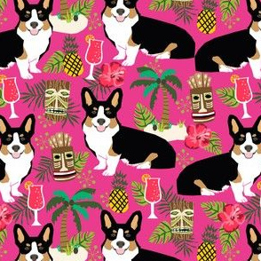 corgi tricolored fabric corgis dog tiki summer tropical fabric - bright pink