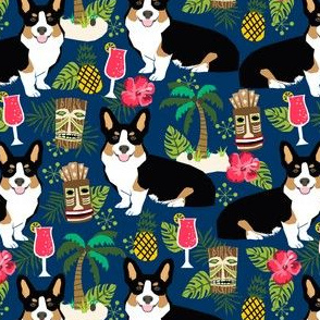 corgi tricolored fabric corgis dog tiki summer tropical fabric - navy