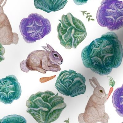 watercolor rabbit and cabbage, rabbit and carrot, nursery Spring rabbits in vegetable garden