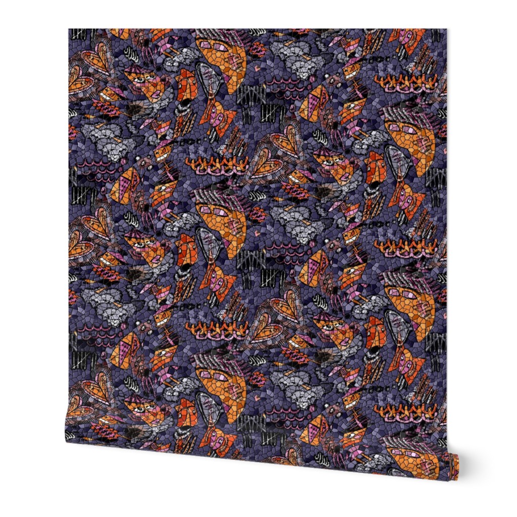 hexagon mosaic abstract doodle geometric, purple lavender violet aubergine orange