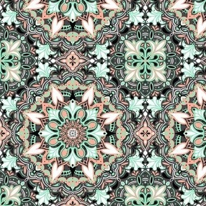 Abstract Geometric Mandala Tile in Black, White, Coral and Mint