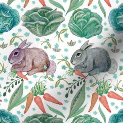 Garden bunny, baby rabbit, rabbit and cabbage, rabbit and carrot, nursery