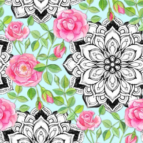 Pink Roses and Mandalas on Sky Blue