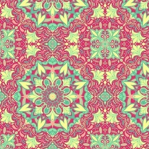Abstract Geometric Mandala Tile in Turquoise, Mint, Coral and Yellow on Hot Pink