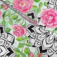 Pink Roses and Mandalas on Mint Green Lace