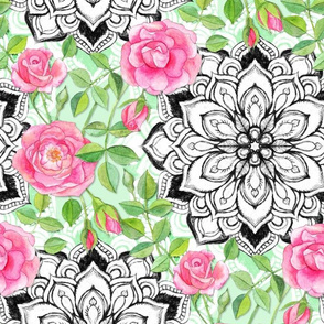 Pink Roses and Mandalas on Mint Green Lace