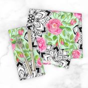 Pink Roses and Mandalas on Mint Green