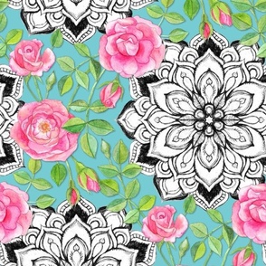 Pink Roses and Mandalas on Teal Lace