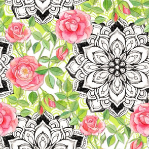 Peach Roses and Mandalas on Lime Green Lace