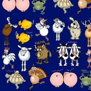 Cartoon animals on a blue background.