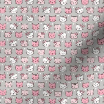 Pink Cat Cats  Faces with Bows and Hearts on Grey Tiny Small