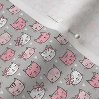 Pink Cat Cats  Faces with Bows and Hearts on Grey Tiny Small