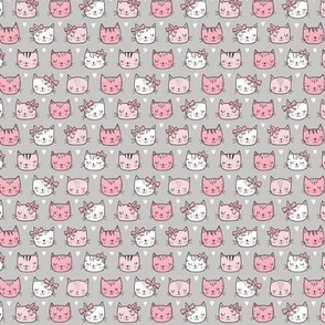 Pink Cat Cats  Faces with Bows and Hearts on Grey Tiny Small