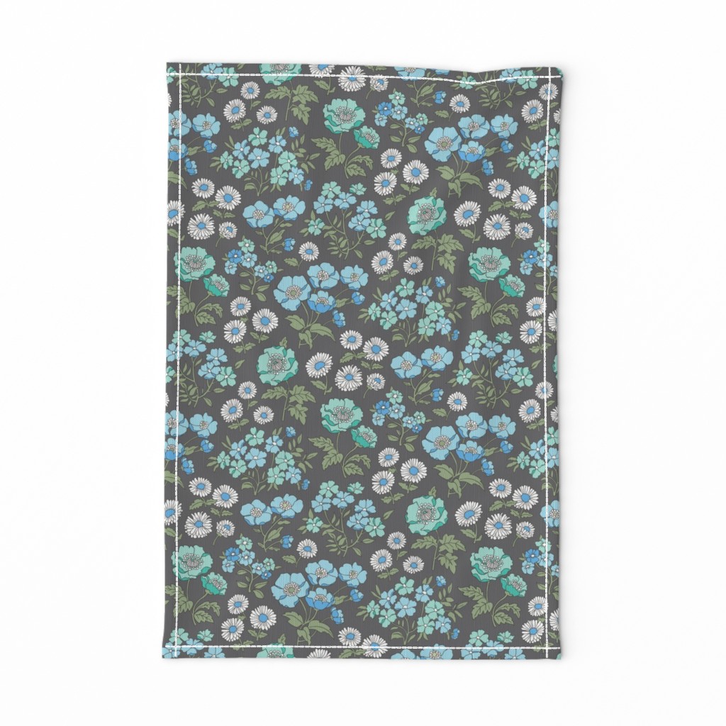 Floral Flowers Vintage Garden Blue Mint Green On Dark Grey