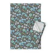 Floral Flowers Vintage Garden Blue Mint Green On Dark Grey