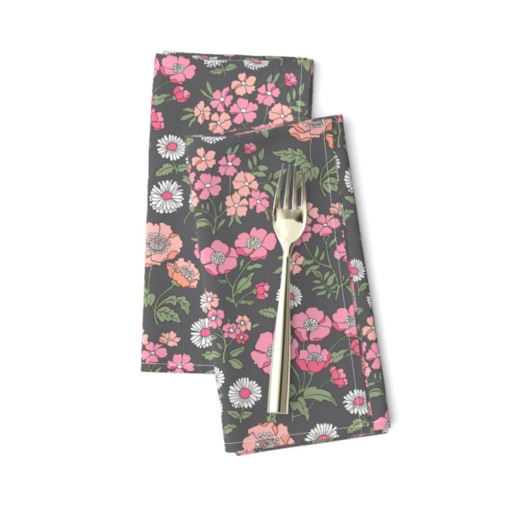 Floral Flowers Vintage Garden Pink Peach on Dark Grey