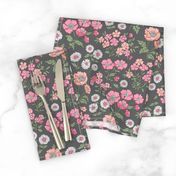 Floral Flowers Vintage Garden Pink Peach on Dark Grey