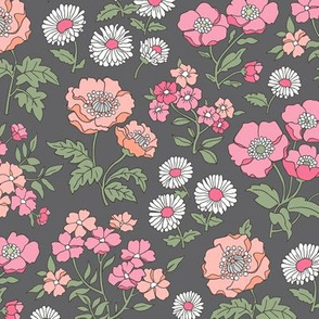 Floral Flowers Vintage Garden Pink Peach on Dark Grey