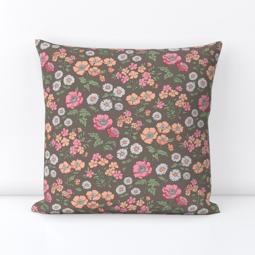 Floral Flowers Vintage Garden Pink Red Peach On Dark Brown