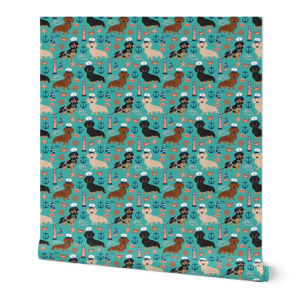 dachshund dog fabric nautical summer dog design - turquoise