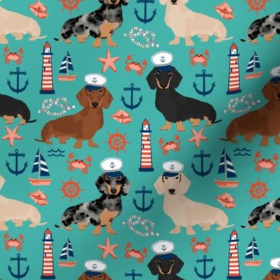 dachshund dog fabric nautical summer dog design - turquoise