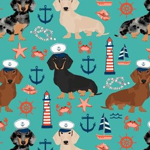 dachshund dog fabric nautical summer dog design - turquoise