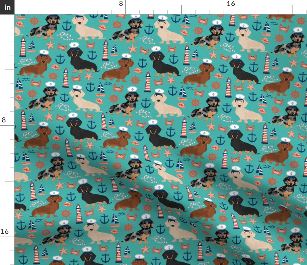 dachshund dog fabric nautical summer dog design - turquoise