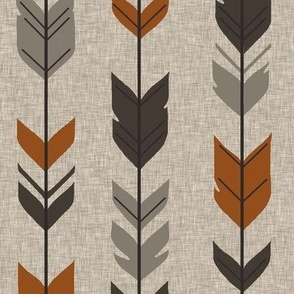 Arrow Feathers - Redstone Canyon - Rust, brown, taupe/grey on Tan linen