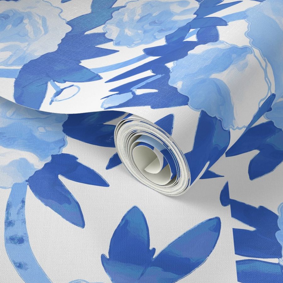 Chinoiserie Peonies in Blue / Half Scale Wallpaper | Spoonflower