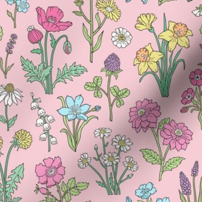 Wildflowers Botanical Vintage Flowers Floral Doodle on Pink