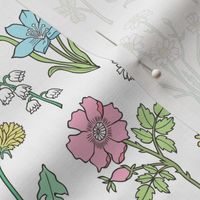 Wildflowers Botanical Vintage Flowers Floral Doodle on  White
