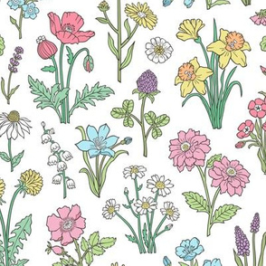 Wildflowers Botanical Vintage Flowers Floral Doodle on  White