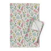 Wildflowers Botanical Vintage Flowers Floral Doodle on  Grey