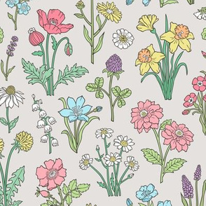 Wildflowers Botanical Vintage Flowers Floral Doodle on  Grey