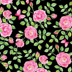 Pink Watercolor Roses & Butterflies on Black large version